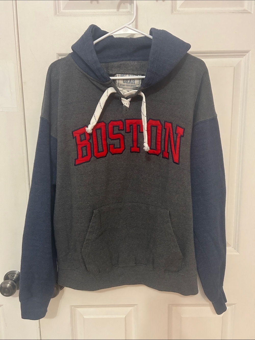 Boston Fleece Hoodie Sweatshirt Size Large Gray & Blue
